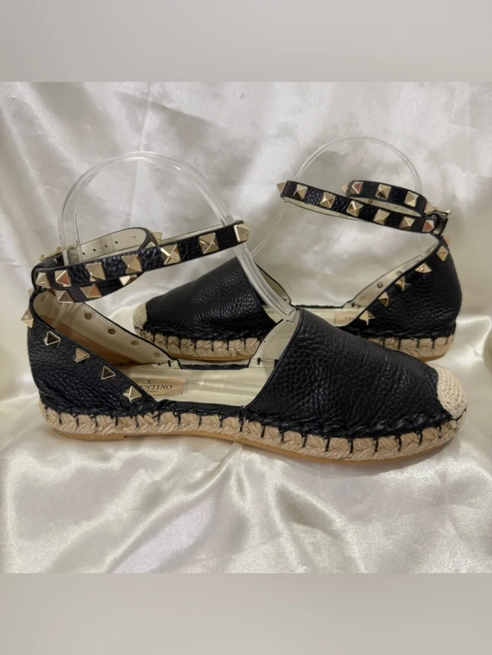 Valentino Garavani Rockstud Espadrille Sandals Leather Wrap Black Size 35 US 5